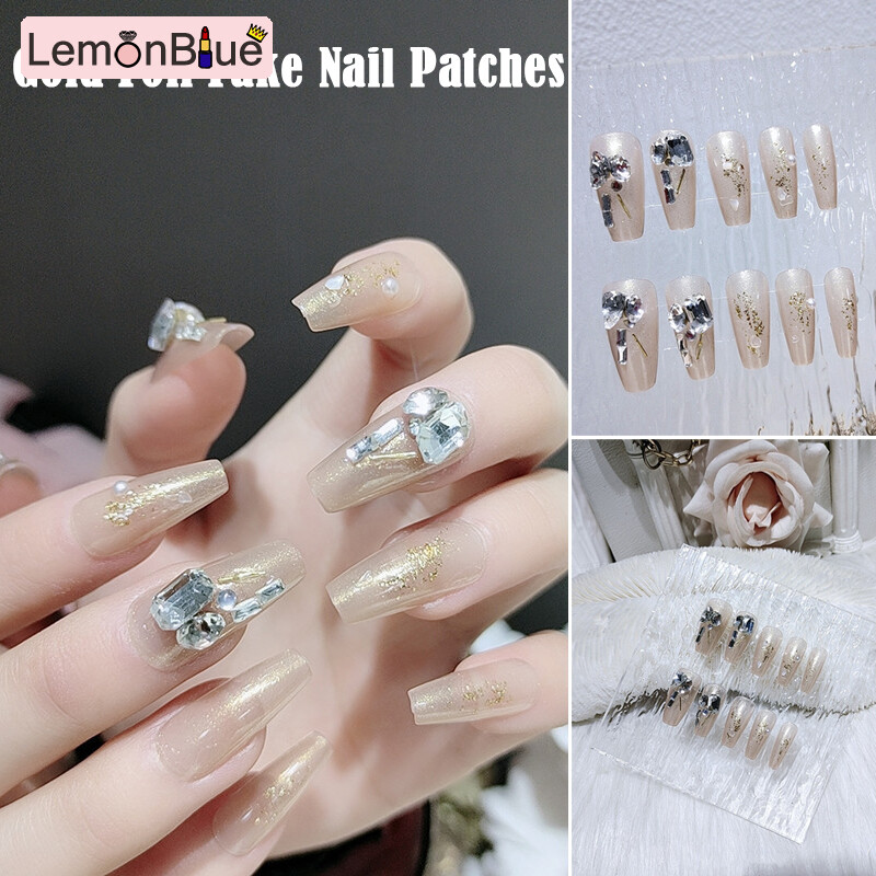 Gambar LemonBlue 24PCS Long Press On Nails Sweet Style Fake Nails Gold Flakes Artificial Nails Removable Wearable 24PCS Long Sweet Style Fake Nails Gold Flakes Salon DIY Art Artificial Nails Press On Nails