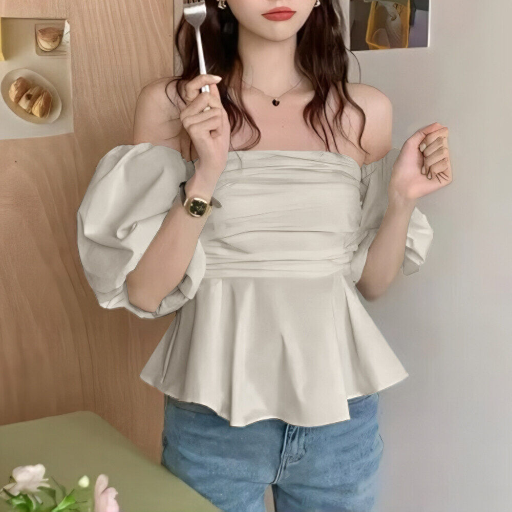 Closet Crush เสื้อเกาะอกแขนตุ๊กตา เสื้อเบลาส์แต่งชายยระบาย สีครีม สีฟ้า สีชมพู สีม่วง สีเขียว - ยี่ห้อ Closet Crush ราคา 176 บาท*ส่งฟรี