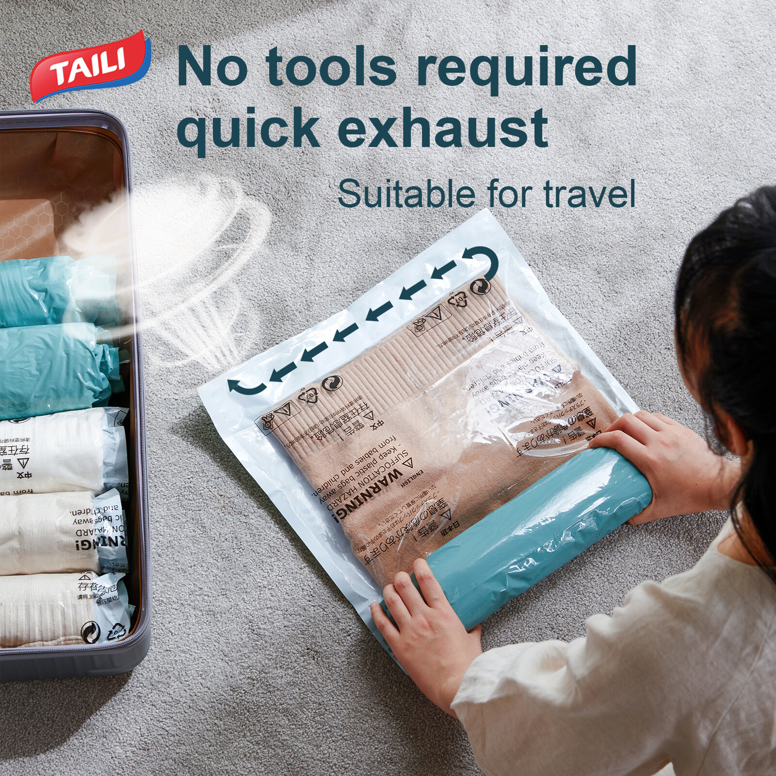 TAILI Travel Compression Vacuum Bags Green 10pcs Roll Up Space Saver Camping Bags waterproof, Vacuum Travel Bags for Clothes, Travel Essentials, No tools required ราคา 236 บาท*ส่งฟรี