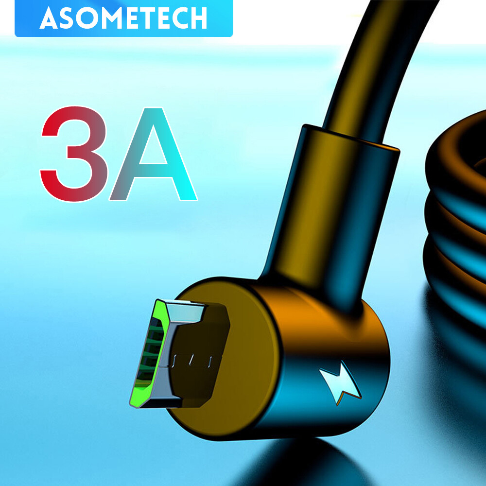 Cáp Micro USB Khuỷu Tay 90 Độ ASOMETECH, Dây Dài 1M 1.5M, Cáp Dữ Liệu Sạc Nhanh 3A Cho Oppo A5 A9 2020 Samsung Xiaomi Redmi 9 Micro USB