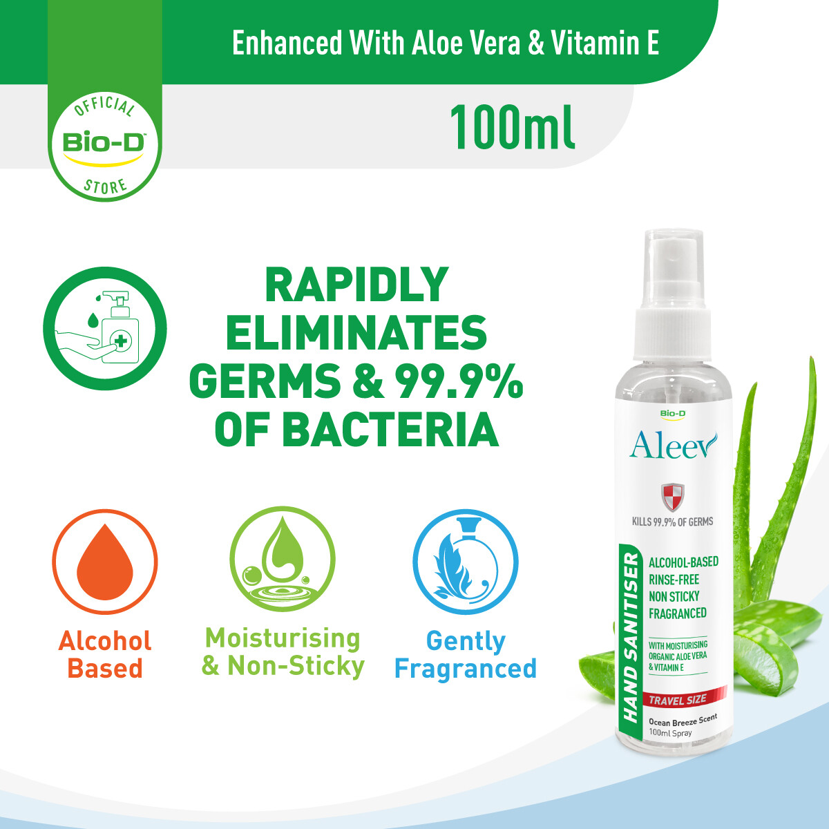 Gambar Bio D Aleev Hand Sanitiser (Alcohol Based Liquid) 100ml Spray OR 500ml Spray OR 2L Refill