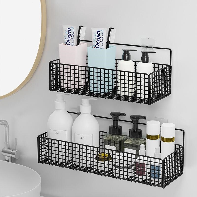 Gambar Étagère murale noire pour salle de bain panier de rangement pour shampoing douche accessoires de toilette cuisine sans poinçon