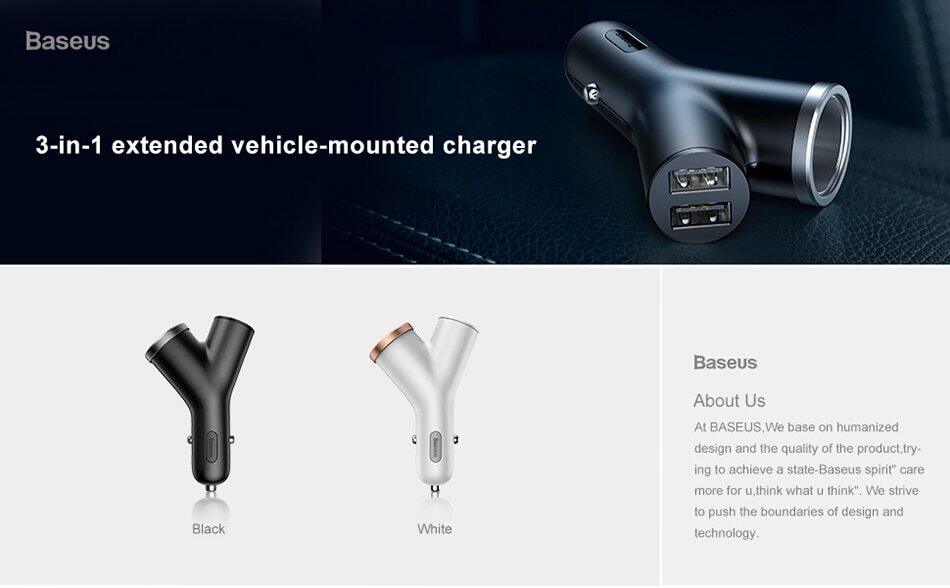 Baseus Dual USB Car Charger Cigarette Lighter Splitter Black CCALL-YX01 Skyle.lk
