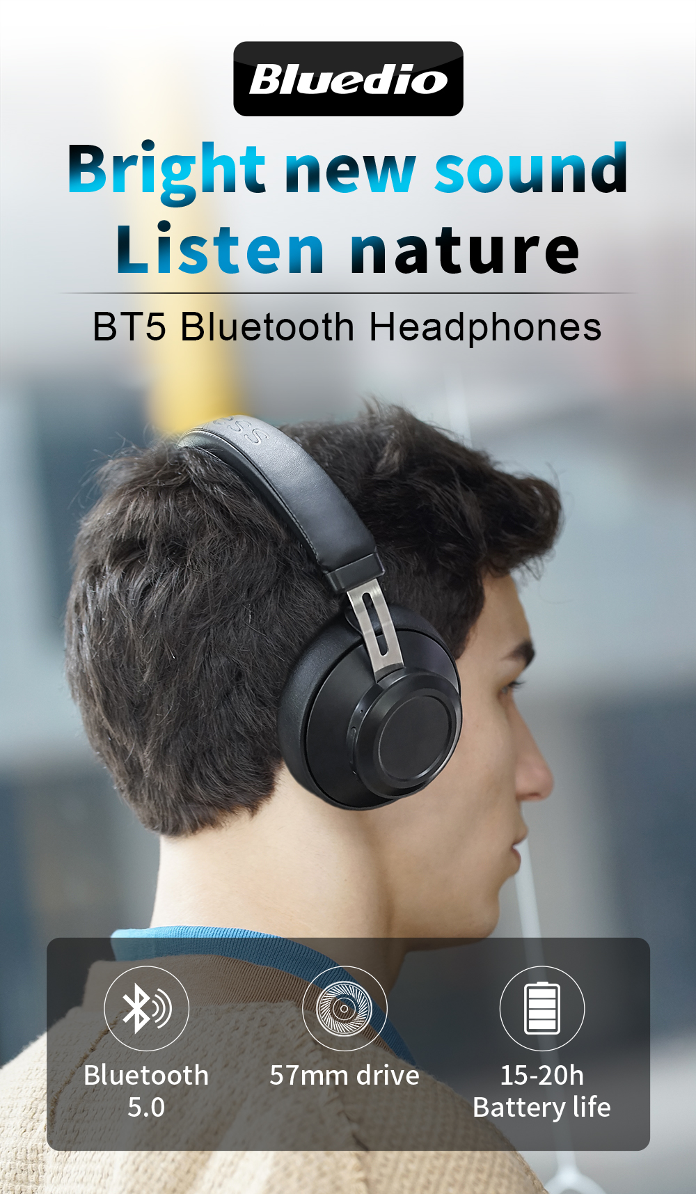 Bluedio BT5 Wireless Bluetooth 5.0 Headphone with 57MM Driver and 15-20 ...