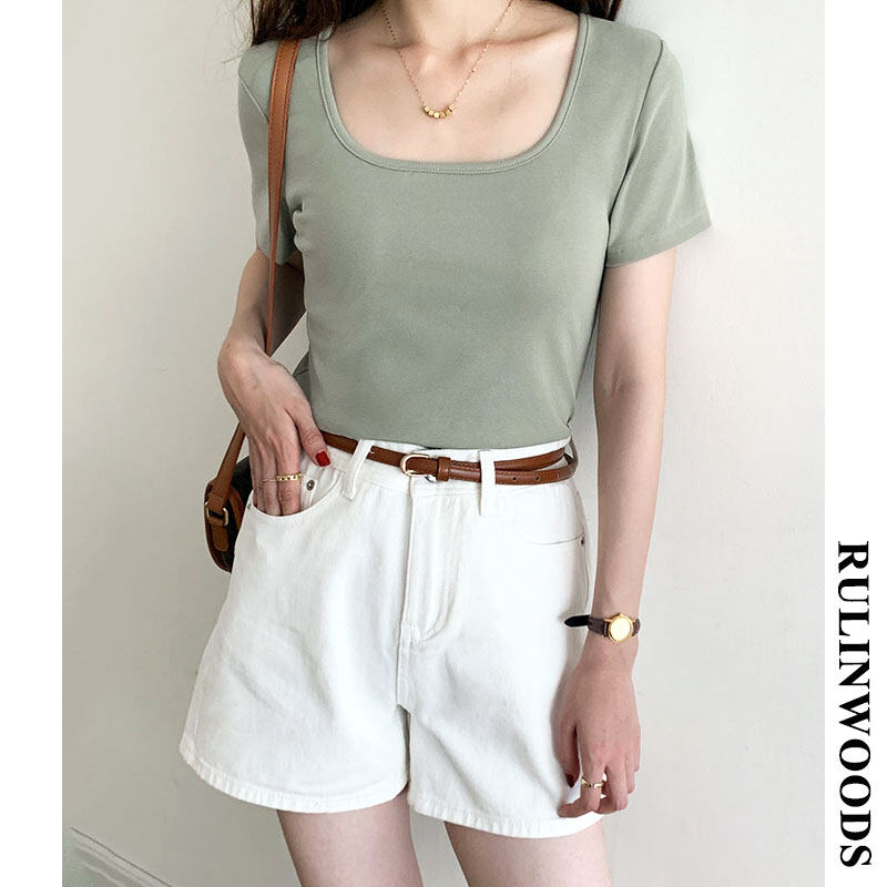 Rulinwoods 4 colors women's square neck cotton t-shirt summer threaded t-shirt