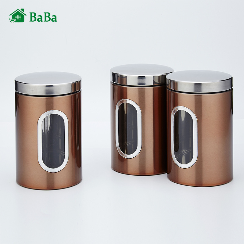 Gambar BaBa 1 3Pcs Tea Coffee Sugar Storage Canisters Jars Pots Kitchen Container Tins Tea Coffee Sugar Kitchen Container Storage Canisters Tins Accessories Stainless Steel Durable Multifunction