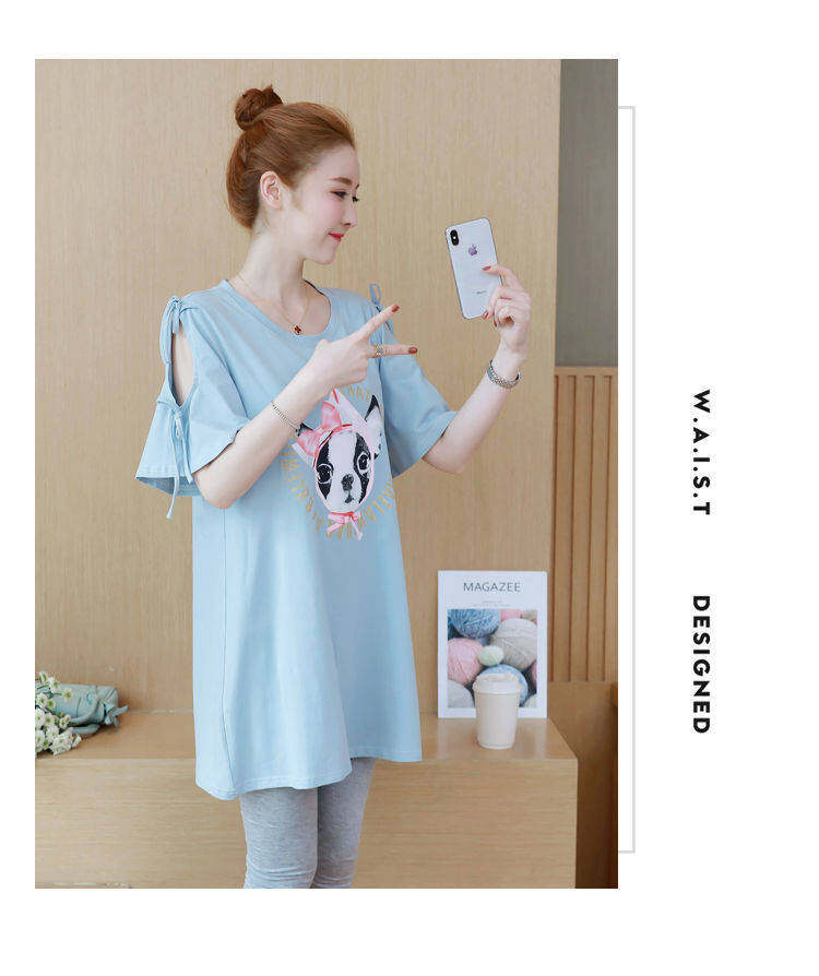 BoBoM Maternity Clothes Summer Suit Maternity T-shirt Short Sleeve Summer Base Top Loose Summer Mid-length Dress