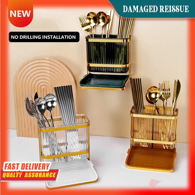 Gambar ?? Ready Stock?? New Kitchen Cutlery Storage Box Punch free Knife, Fork and Spoon Storage Box