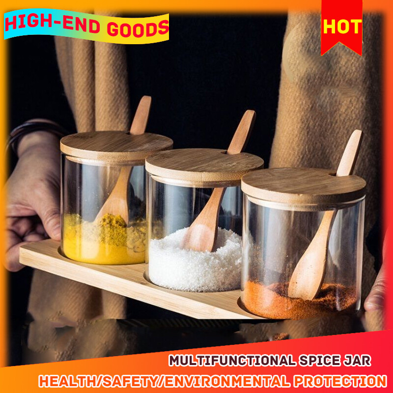 Gambar ?100% Quality Assurance? Food Grade Full Set Of Japanese Simple Kitchen Seasoning Jar Household Glass Three piece Moisture proof Jar Seasoning Salt Bottle Jar
