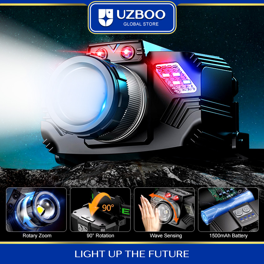 Uzboo Đèn Pha cảm biến chuyển động chống nước Đèn pha Mạnh Mẽ Đèn Pha Led Đèn Pha Cảm Ứng Đèn Pha Màu Đỏ Và Màu Xanh Đèn làm việc có thể sạc qua USB Đèn khẩn cấp Đầu-Gắn Đèn