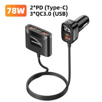 ASOMETECH 78W 5 in 1 Car Charger 12V 24V USB C Fast Car Charger PD 3.0 QC 4.0 3.0 PPS 25W Type C Multi Port Car Charger Adapter With 1.5m Extension Cord Cable Display Car Charging Accessories