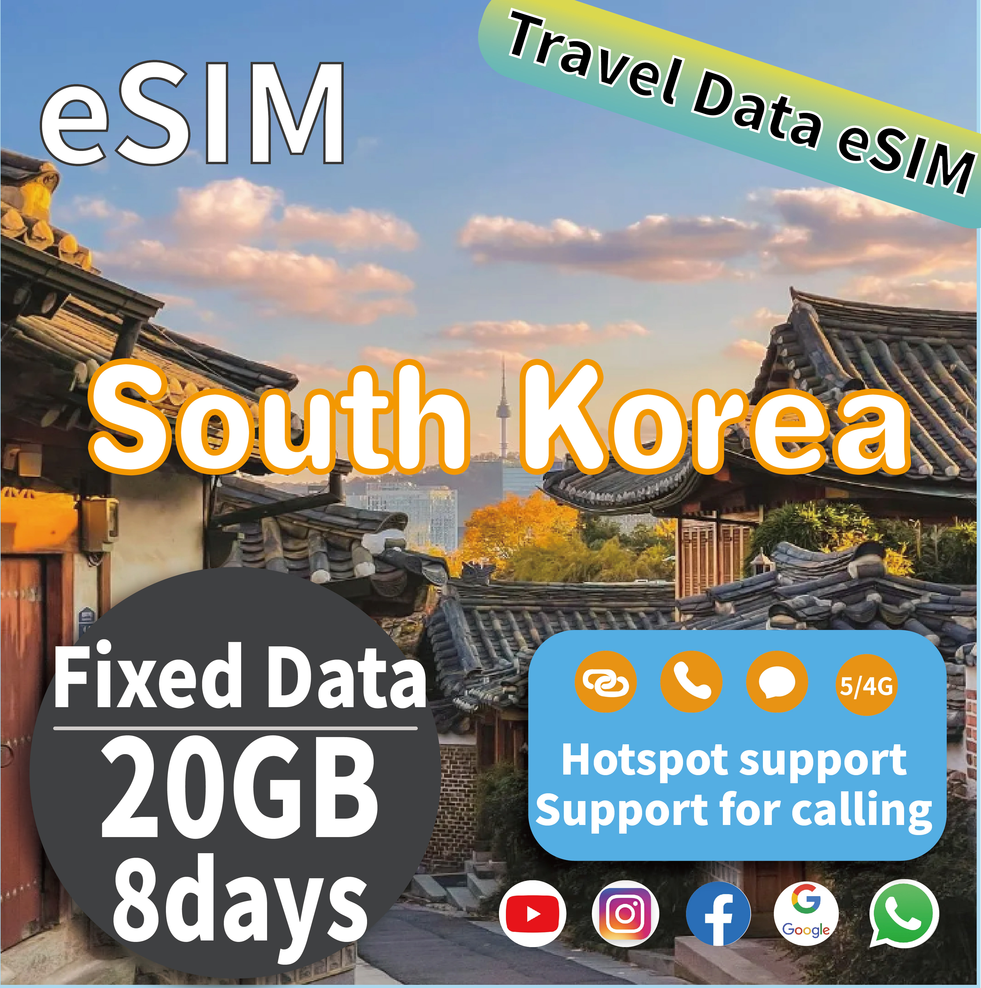 South Korea Travel eSIM: Unlimited Data Plans 10-20GB for 5-8Days High-Speed Data for Travel Prepaid 4G/5G LTE (Hotspot+Top-Up,Support call，Supports SMS sending，QR Code Sent to Your Email)) ราคา 440 บาท*ส่งฟรี