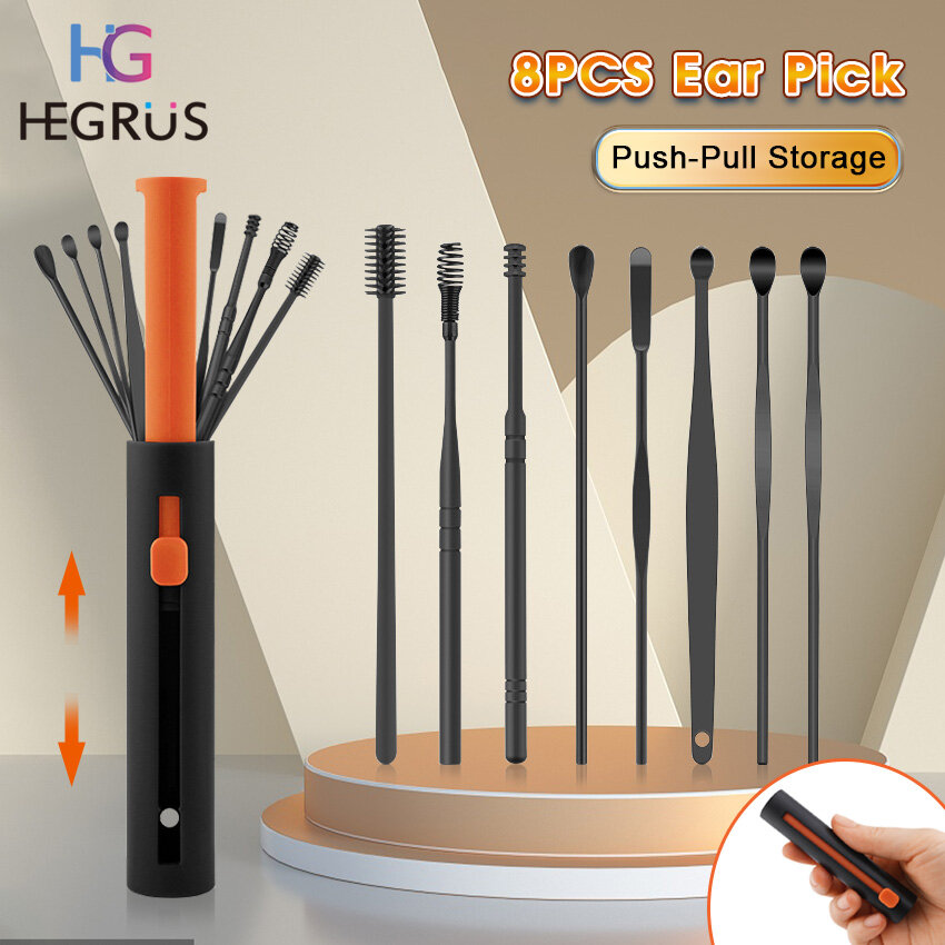 HEGRUS ear cleaning tool 8PCS Ear Pick Stainless Steel Ear Pick Set Ear Wax Removal Kit Ear Spoon Ear Scoop Ear Cleaner Tool Ear-picking with a Storage Tube ear pick ear wax remover ราคา 46 บาท*ส่งฟรี