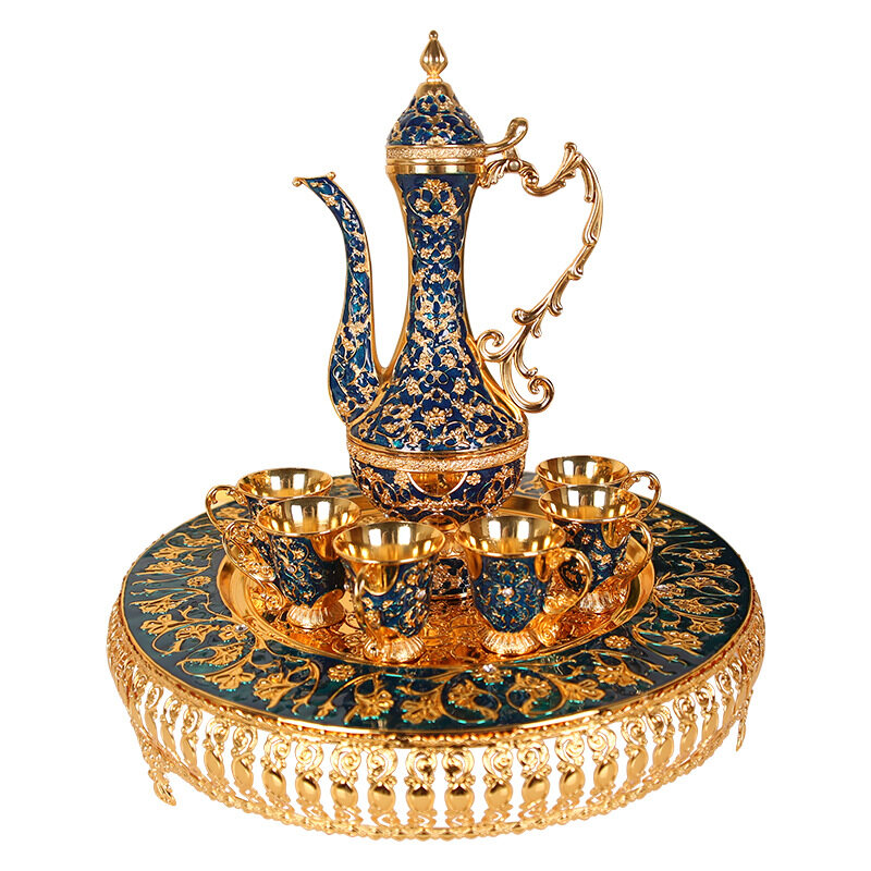 Gambar Ancient court tinware crafts retro wine jug wine glass Russian European wine set gift box wine division