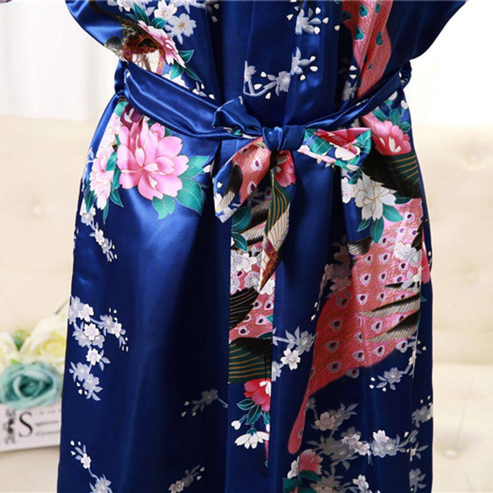 LILYandGIRL Áo Choàng Áo Choàng Áo Choàng Tắm Kimono Con Công Satin Đồ Ngủ Áo Choàng Ngủ Quần Áo Ngủ 9