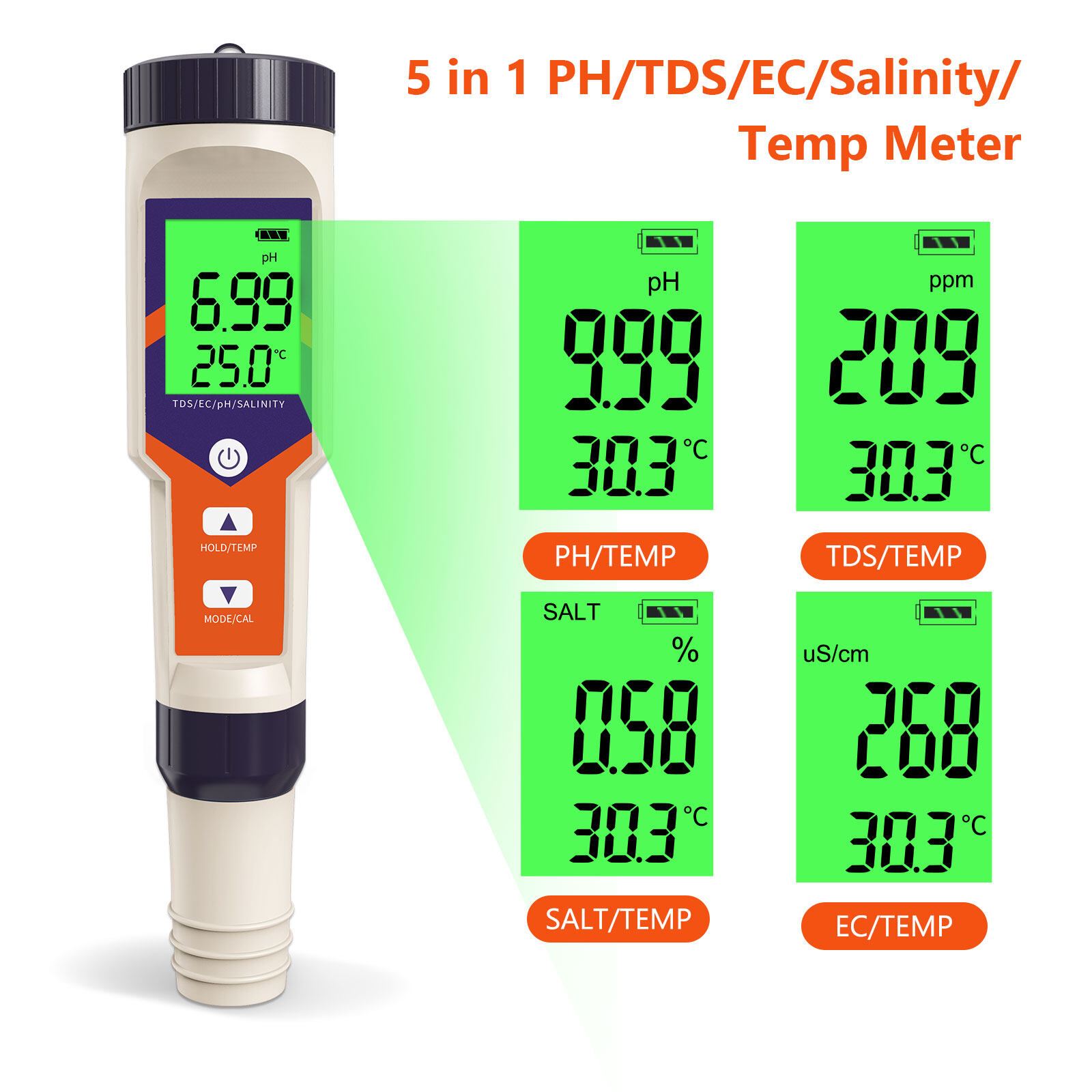 Máy Đo Độ MặN Máy kiểm tra chất lượng nước độ PH/EC/Tds/độ mặn/nhiệt độ 5 trong 1 đèn nền Rcyago Máy đo độ mặn không thấm nước Máy dò đa năng cho bể cá nước biển