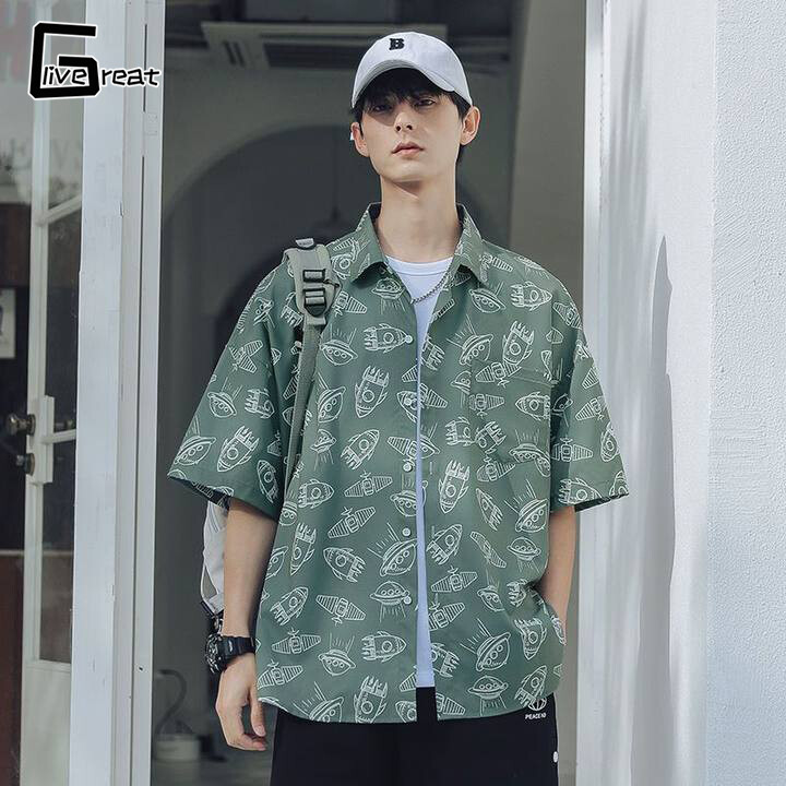 LIVE GREAT | Nam mỏng áo in hoa Hawaii Ngắn Tay Thiết kế Lụa băng thích hợp áo đi biển