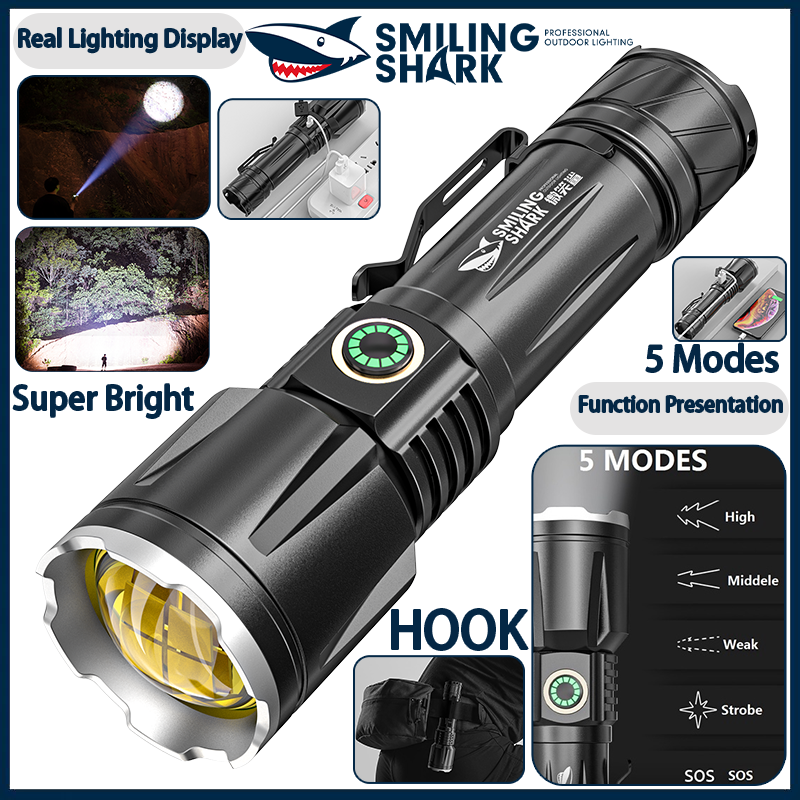 Smiling Shark Original Flashlight torch Light Powerful E525 Super Bright flash light Camping Light USB-Rechargeable Zoomable-Emergency-Outdoor Fishing Climbing