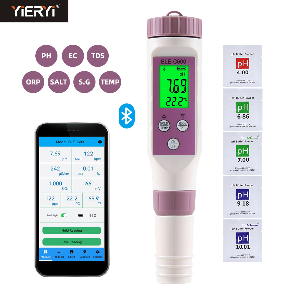 Yieryi Digital pH Meter, Bluetooth 7 in 1 pH/TDS/EC/ORP/S.G/Salinity/Temp Meter Salinity Tester TDS EC Meter for Drinking Water, Hydroponics,Swimming Pool and Aquarium