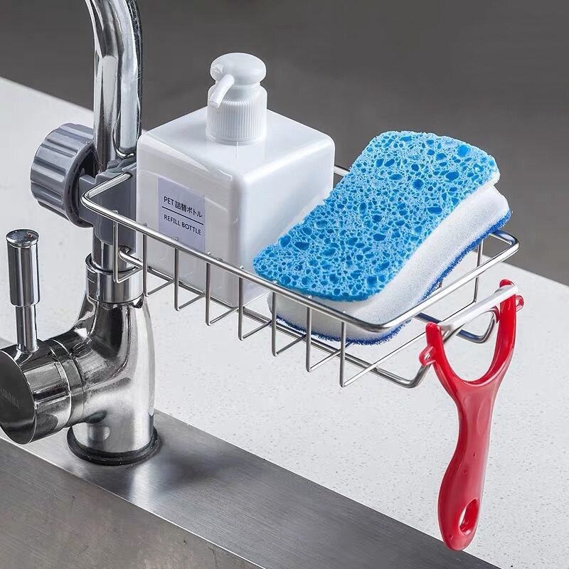 Gambar Kitchen Stainless Steel Sink Drain Rack Sponge Storage Faucet Holder Soap Drainer Shelf Basket Organizer Bathroom Accessories