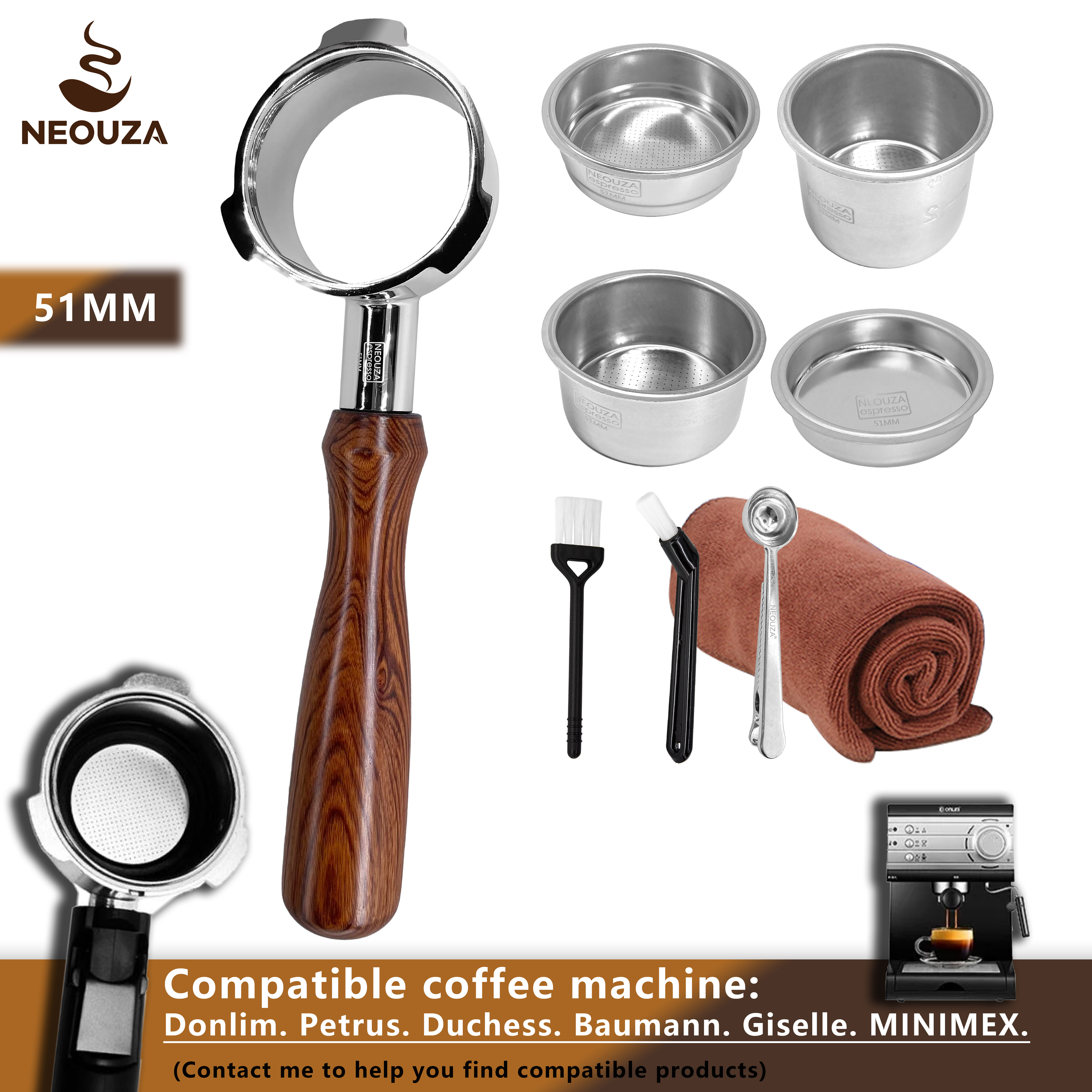 NEOUZA Cà Phê Bộ Lọc Không Đáy 51Mm Cho Yabano Donlim Oster Nova PrimaLatte Baumann Giselle Petrus KCB Duchess Gevi Espresso Machine, No Base Filter Holder,Tay Cầm Cà Phê Bằng Gỗ