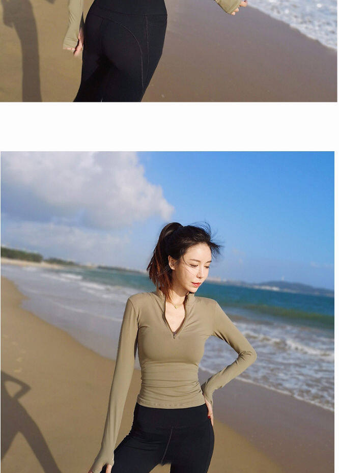 SUPERFLOWER Frauen Sport Shirts Einfarbig Reißverschluss Hohe Elastische Gym Yoga Top Atmungsaktive Langarm Sexy T-Shirts_voghion.com