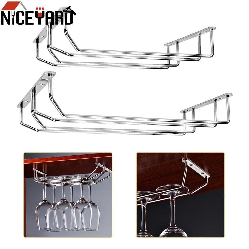 Gambar NICEYARD 27cm 34cm Stainless Steel Wine Glass Rack Stemware Holder Hanging Goblet Holder Shelf Under Cabinet for Home Bar Pub