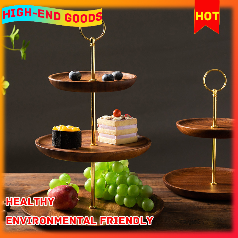 Gambar European style Black Walnut Multi layer Candy Tray Solid Wood Display Tray Walnut Three layer Dried Fruit Cake Tray