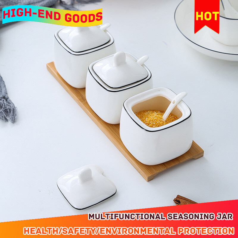 Gambar Italian Ceramic Seasoning Jar Black Line Three piece Ceramic Jar Seasoning Box Bottle Jar