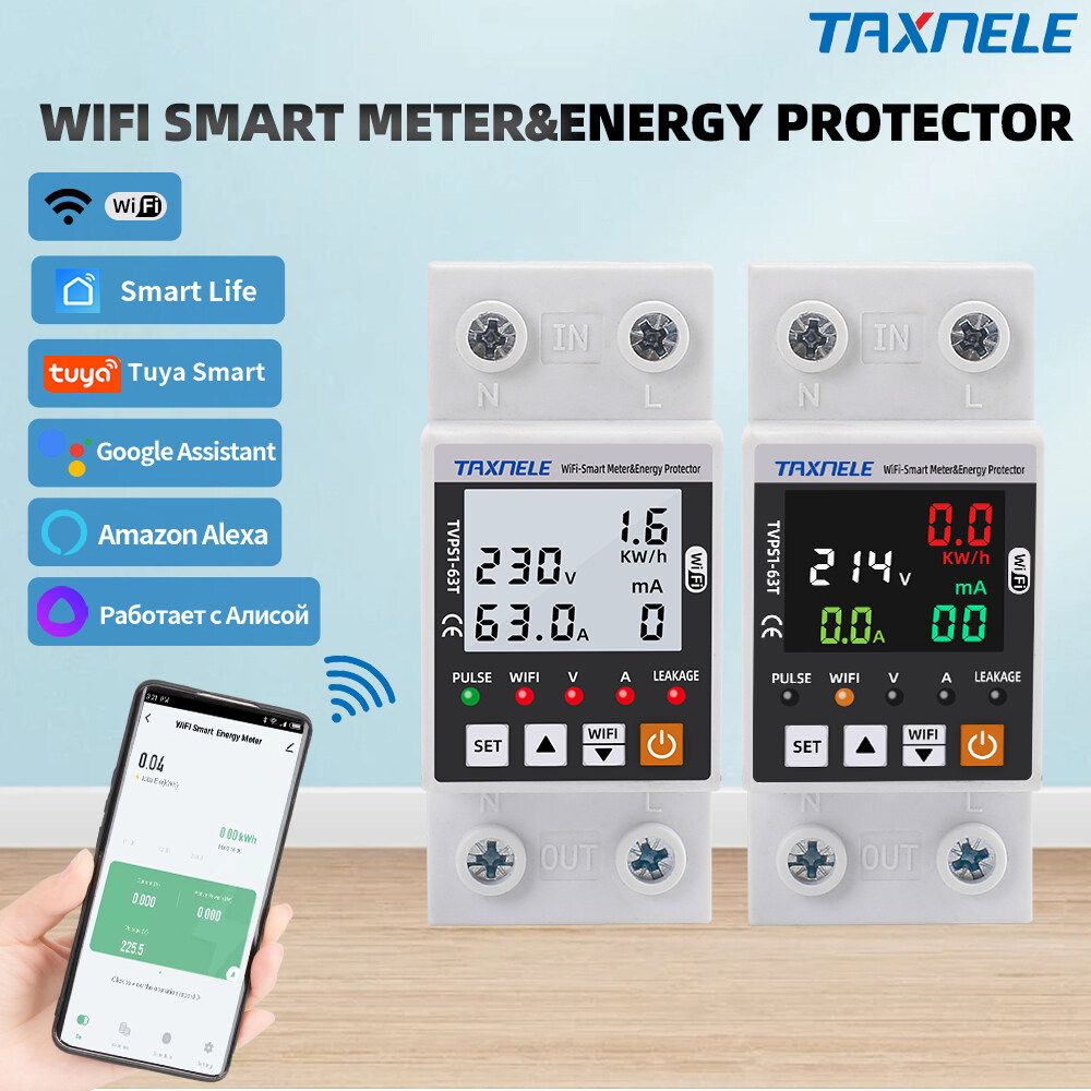 63A TUYA WiFi Smart Over Under Voltage Protector Relay Device Earth Leakage Breaker Switch Energy Power kWh Meter Smart Life