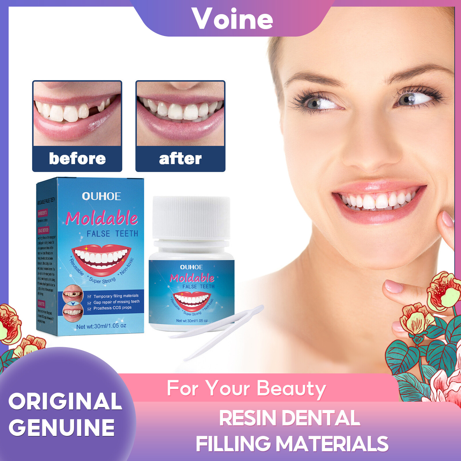 Ouhoe 30ml nhựa tạm thời sửa chữa Răng Hạt răng khoảng cách Mất Tích bị hỏng răng răng giả Điền moldable moldable răng giả Kit nhựa nha khoa điền vật liệu, Bộ trang điểm đi tiệc, hàm răng giả trang trí, khoảng trống, sâu răng, bị hỏng răng sửa chữa, nhựa