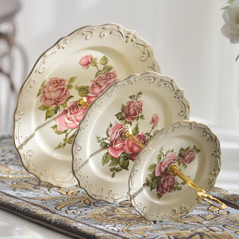 Gambar European style Relief Ceramic Cake Plate Three layer String Plate Fruit Plate Creative Dessert Table Three layer Metal Bracket Candy Plate