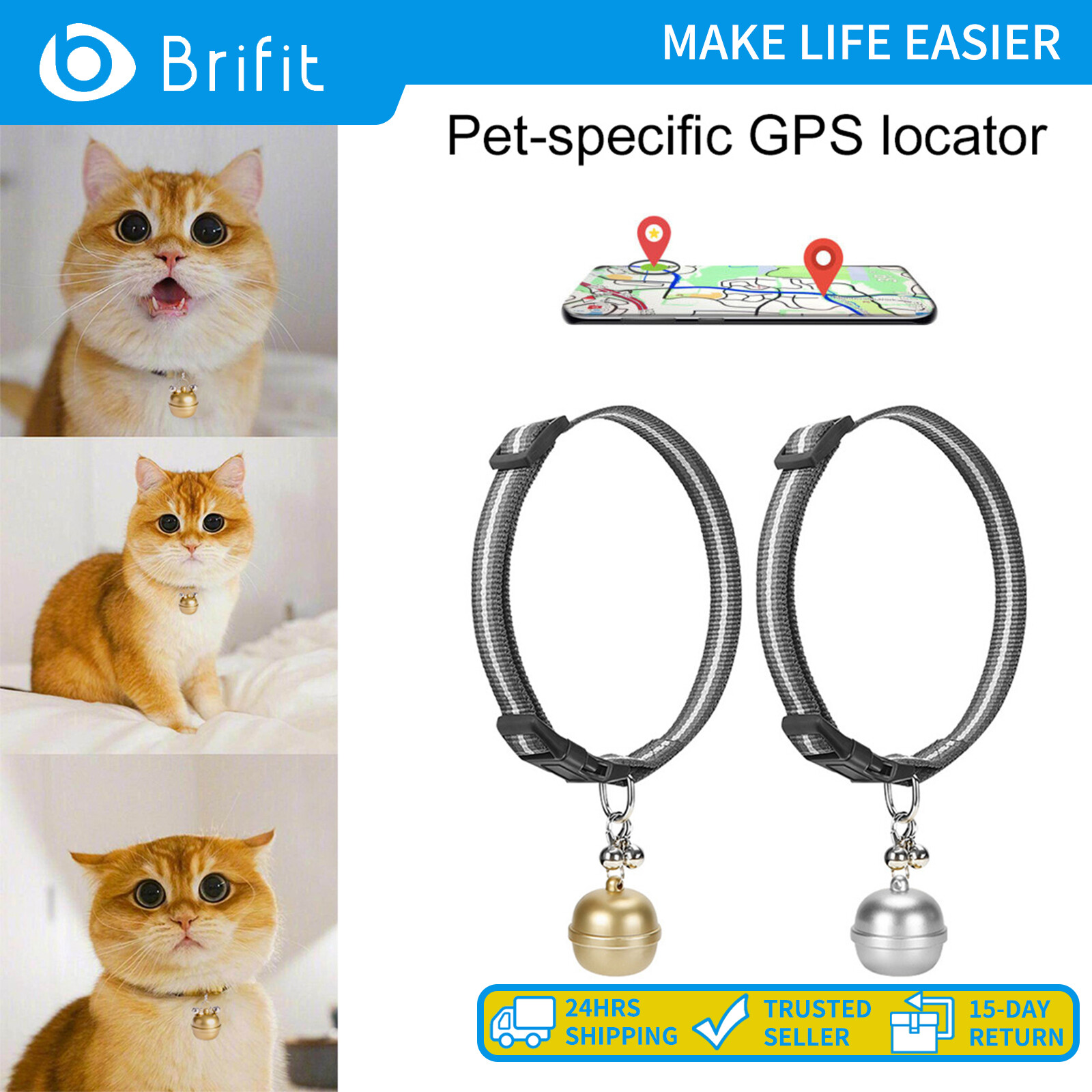 Brifit Pet Bell GPS Locator GPS/AGPS/Beidou/WIFI/LBS Smart Tracker, Ip67 Wireless Waterproof, Safe Area Setting, Support Multi-person Monitoring, Sim Card, Adjustable Collar, Suitable for Dogs, Cats, Cars, Luggage Mini Size Smart Locator ราคา 877 บาท*ส่งฟรี