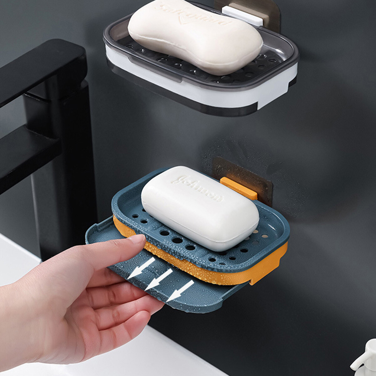 Giá Đựng Xà Phòng Gắn Tường Liền Chất Lượng Cao Hai Lớp Kệ Hoàn Thiện Lưu Trữ Thoát Nước, Miếng Dán Liền Mạch Chắc Chắn Hộp Xà Phòng Không Lỗ