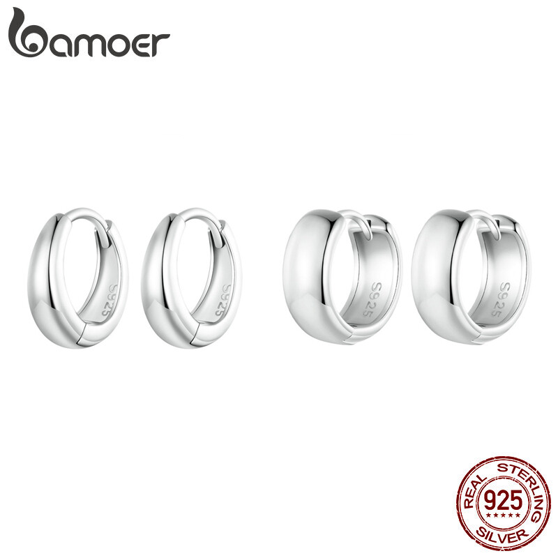 Bamoer 925 cổ điển bằng bạc nguyên chất Huggie khóa tai đơn giản Punk Khuyên tai tròn cho dự tiệc cho nữ mạ bạch kim đồ trang sức tinh xảo bse924