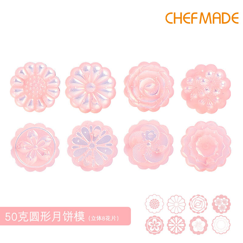 Bộ Khuôn Bánh Trung Thu CHEFMADE Với 8 Tem Hoa, 50G Bakeware Mô Hình Rắn Mặt Phẳng Hình Tròn Khuôn Dụng Cụ Nướng Bằng Tay Để Trang Trí Lễ Hội Trung Thu Bánh Quy Màu Hồng WK9449/WK9450