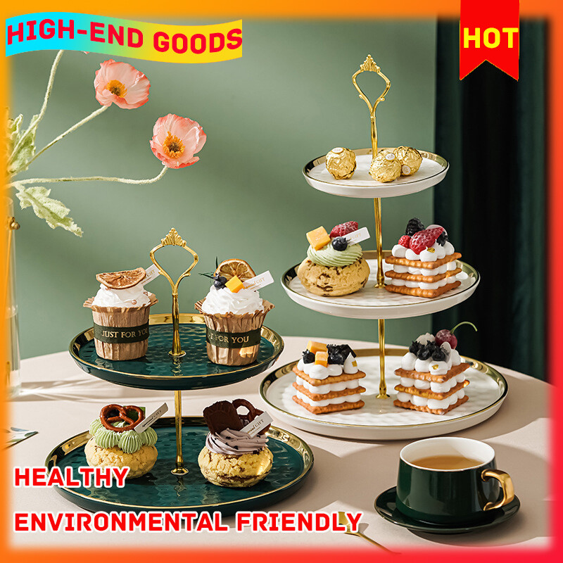 Gambar Nordic Light Luxury Ceramic Three layer Fruit Plate Cake Display Stand Creative Home Living Room Double layer Dessert Candy Tray