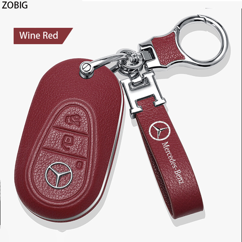 ZOBIG Genuine leather Key Fob Cover for Mercedes Benz Car Key Case Shell  with Keychain For Fit Benz W206 C-Class C200 C300 S-Class E-Class W223 2022  2023 Original remote key