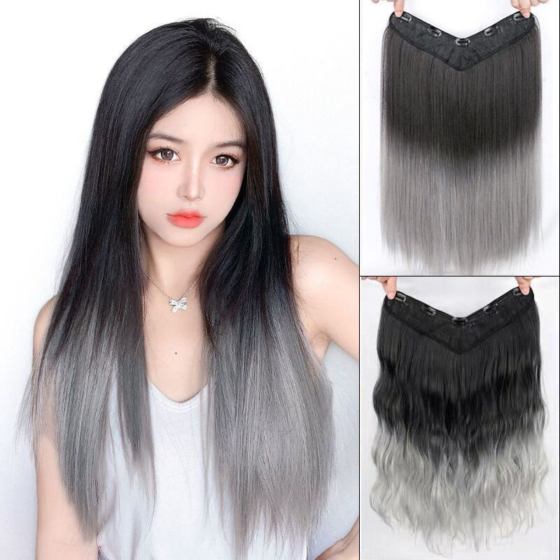 Tóc dài 5 kẹp xoăn thẳng hình chữ v màu đen và màu xám cho nữ
