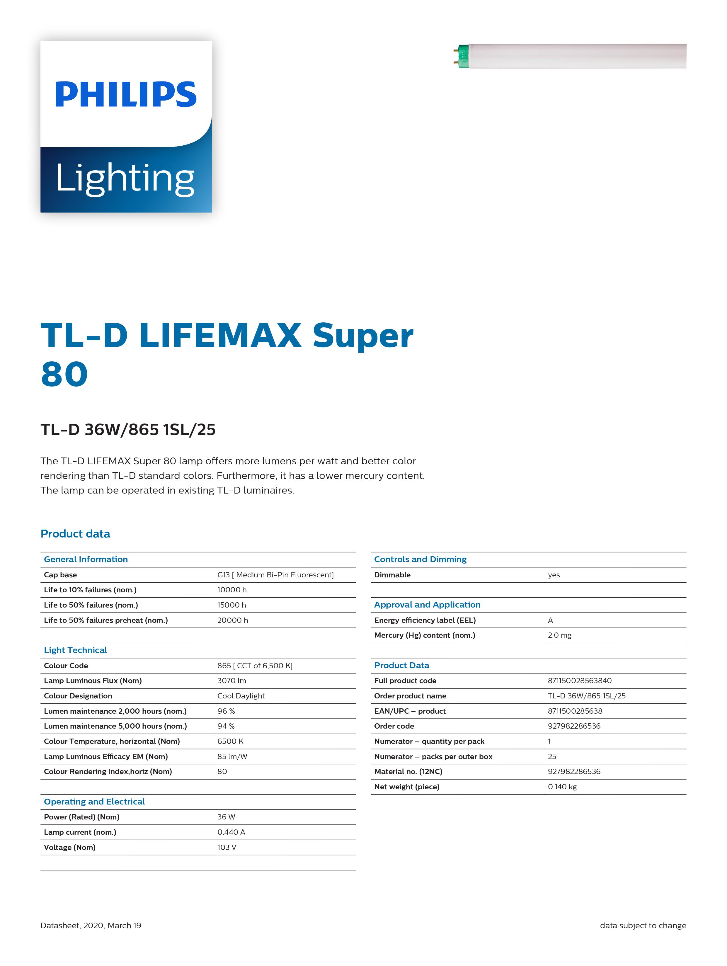 Tube Fluorescent Philips TL-D 36W 6500K - Lumière Du Jour - 1,2m G13