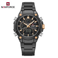 NAVIFORCE นาฬิกาควอทซ์ผู้ชายของแท้นาฬิกาข้อมือนาฬิกาข้อมือคู่ปฏิทินวันที่จอแสดงผล LCD ตัวชี้เรืองแสงสายเหล็กสแตนเลสกันน้ำ30เมตรแฟชั่นลำลองของผู้ชาย NF9278นาฬิกาข้อมืออเนกประสงค์