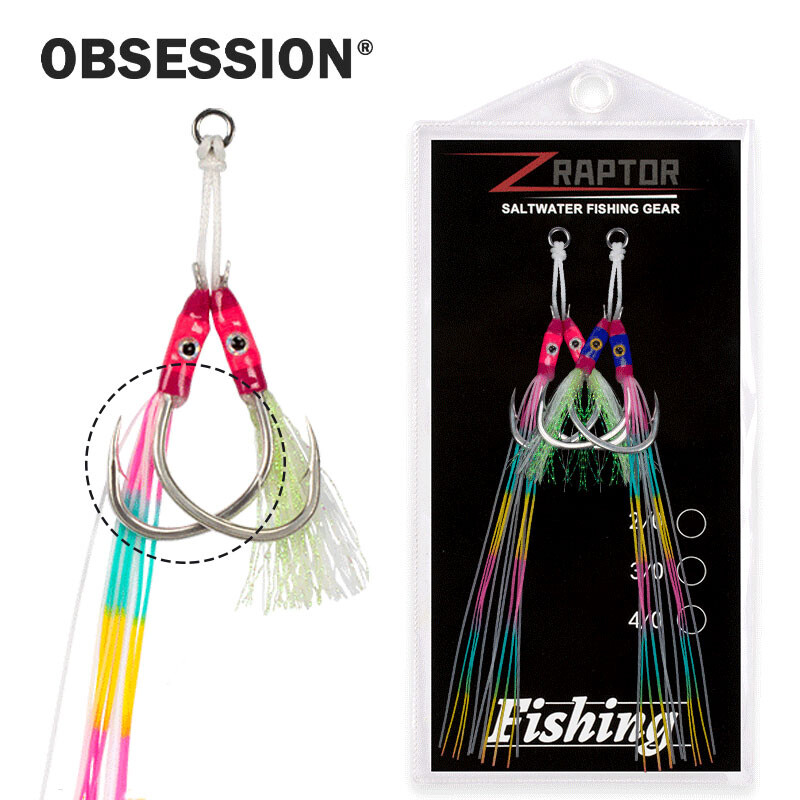 Obusion 2 đôi mắt móc chìm nổi chậm móc câu kiểu Jig đầy màu sắc lông Móc Câu Cá jighook assis móc nước mặn Pike fishhooks 1/0 2/0 3/0 4/0 5/0 hk036