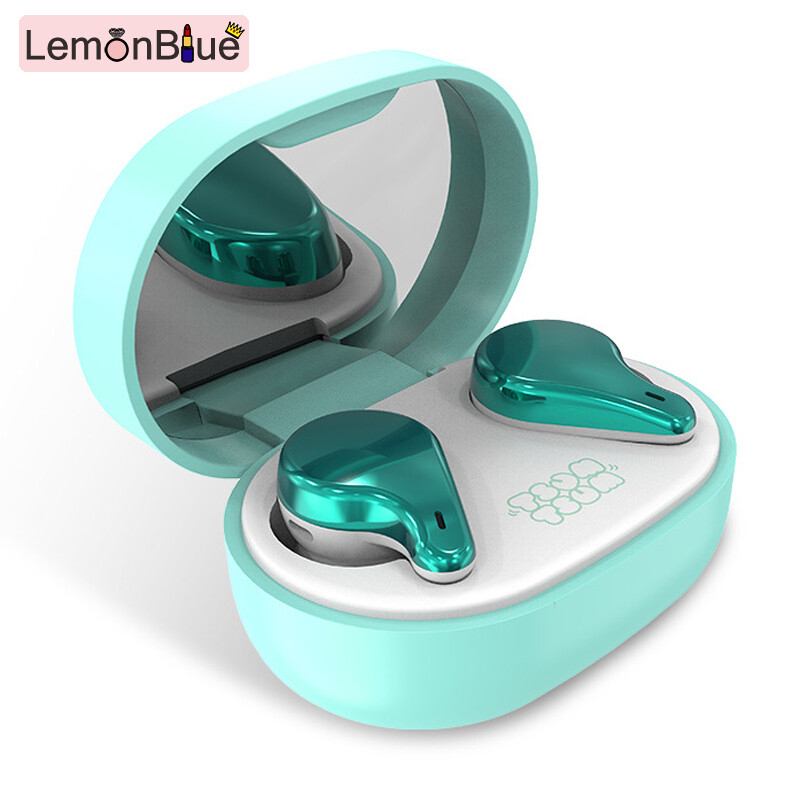 Gambar LemonBlue Bluetooth Wireless Earphones with Charging Case with Make up Mirror for Women Women Sport Gym Cute Bluetooth Earphones with Charging Case Stereo with Makeup Mirror