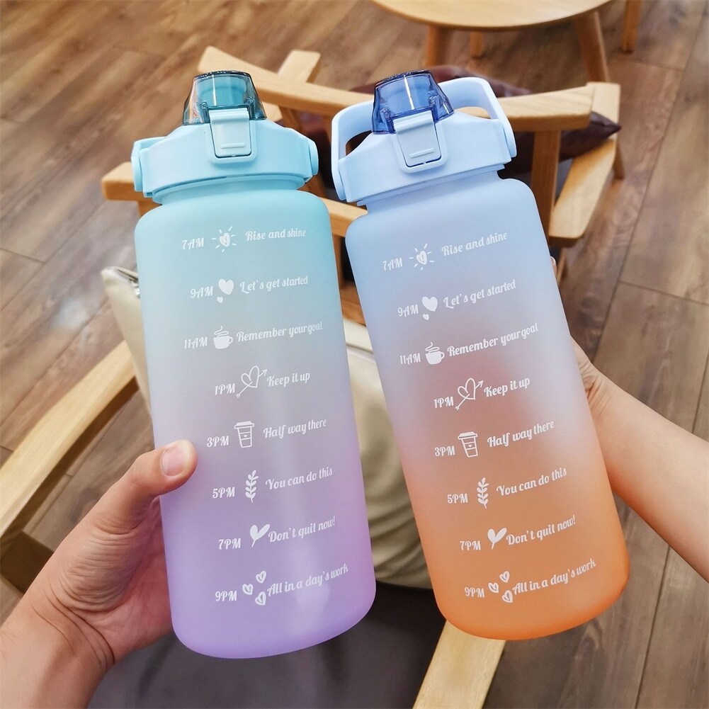 Gambar 2000 ML Large Capacity Free Motivational With Time Marker Fitness Jugs Gradient Color Plastic Cups Outdoor Frosted Water Bottle