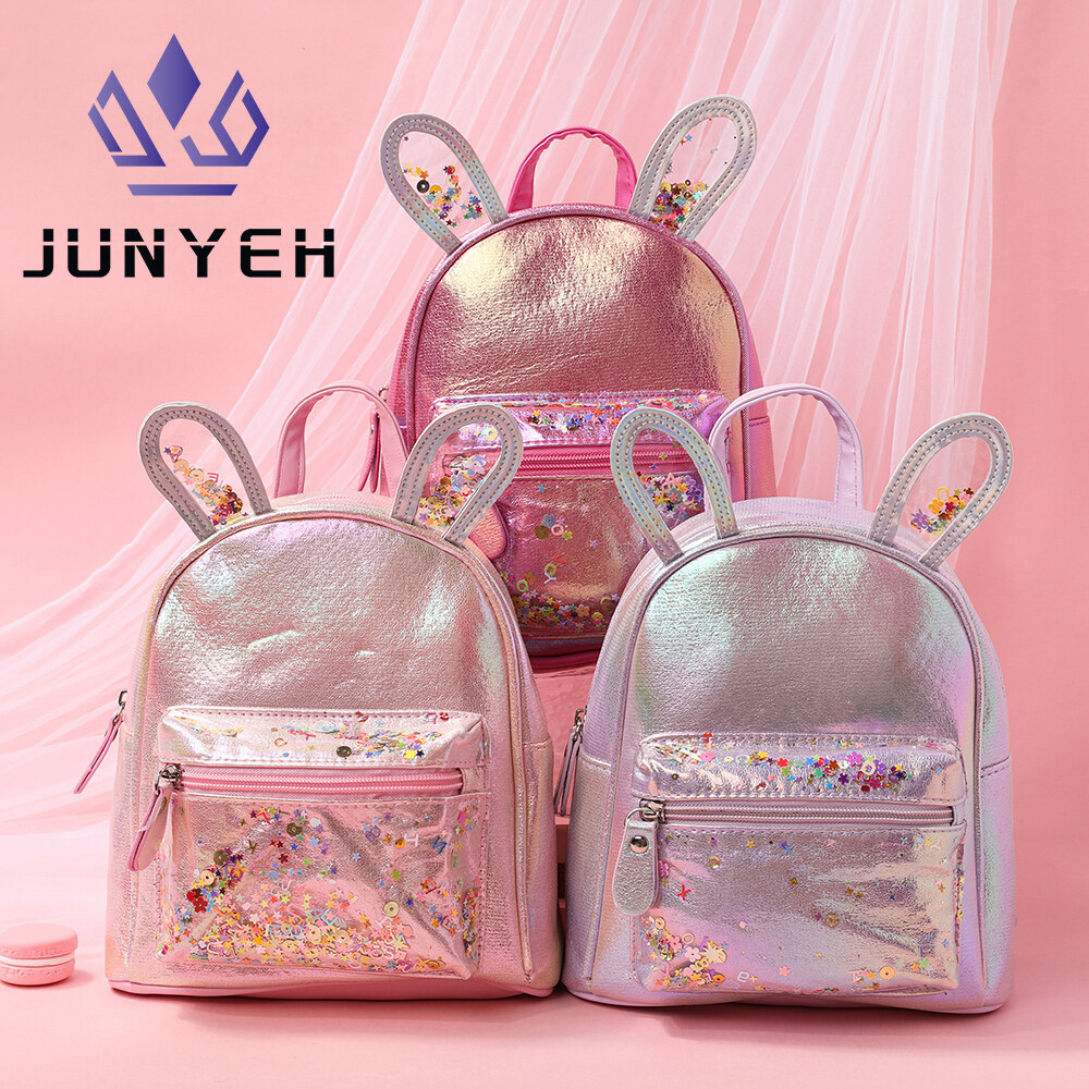Junyeh Mini Bag Girl Backpacks Fashion Transparent Sequin Princess Kid Backpack Rabbit Ear PU Leather Small Bags 2-6 Years Old