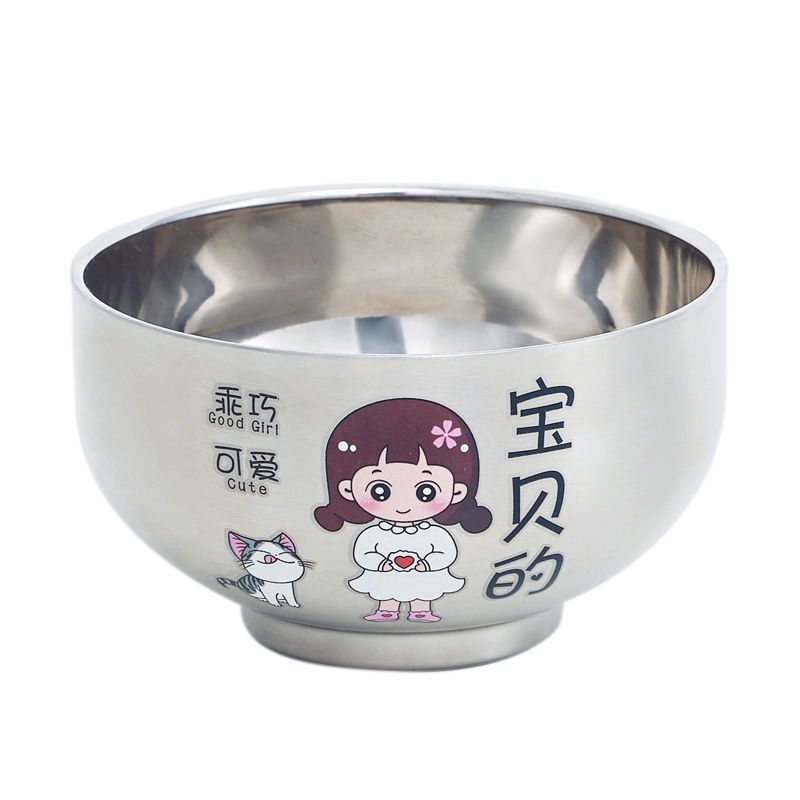 Gambar high quality Parent child bowl 304 stainless steel food grade cute cartoon family meal set heat insulation anti fall household rice bowl