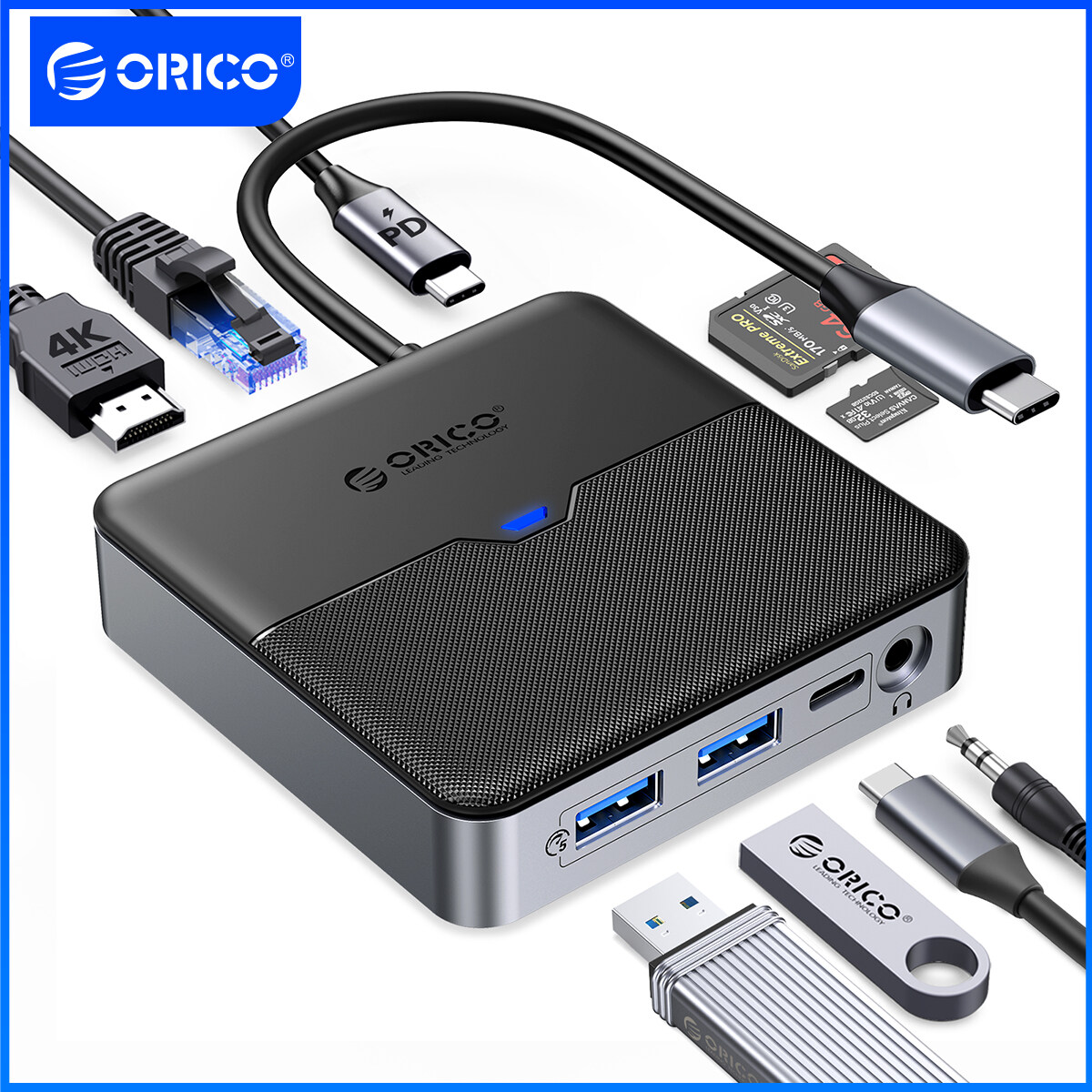 USB C Hub Bộ Chuyển Đổi Đa Cổng, ORICO 8 Trong 1 Dock Với 1000Mbps Ethernet, USB C Sang HDMI 4K, 100