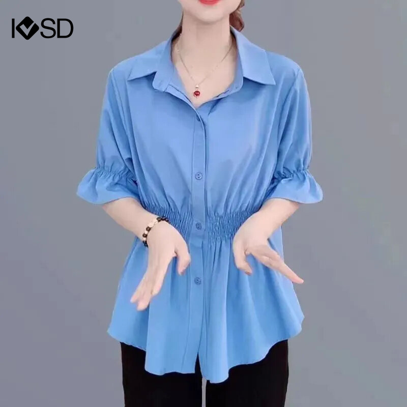 Ivsd áo sơ mi voan thường ngày áo cánh cổ polo eo co giãn xòe falbala