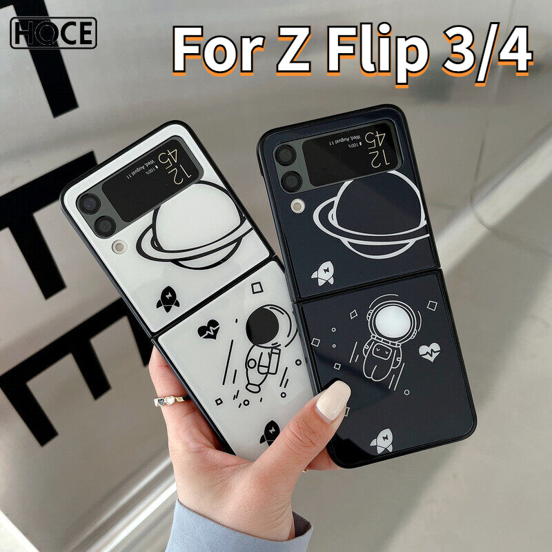 HOCE Phi Hành Gia Không Gian Ốp điện thoại cho Samsung Galaxy Z Lật 3 Lật 4 5G Dễ Thương mặt trăng hoạt hình Mars Trường Hợp Cho Zflip3 Zflip4 kính cứng Bảo Vệ Bìa