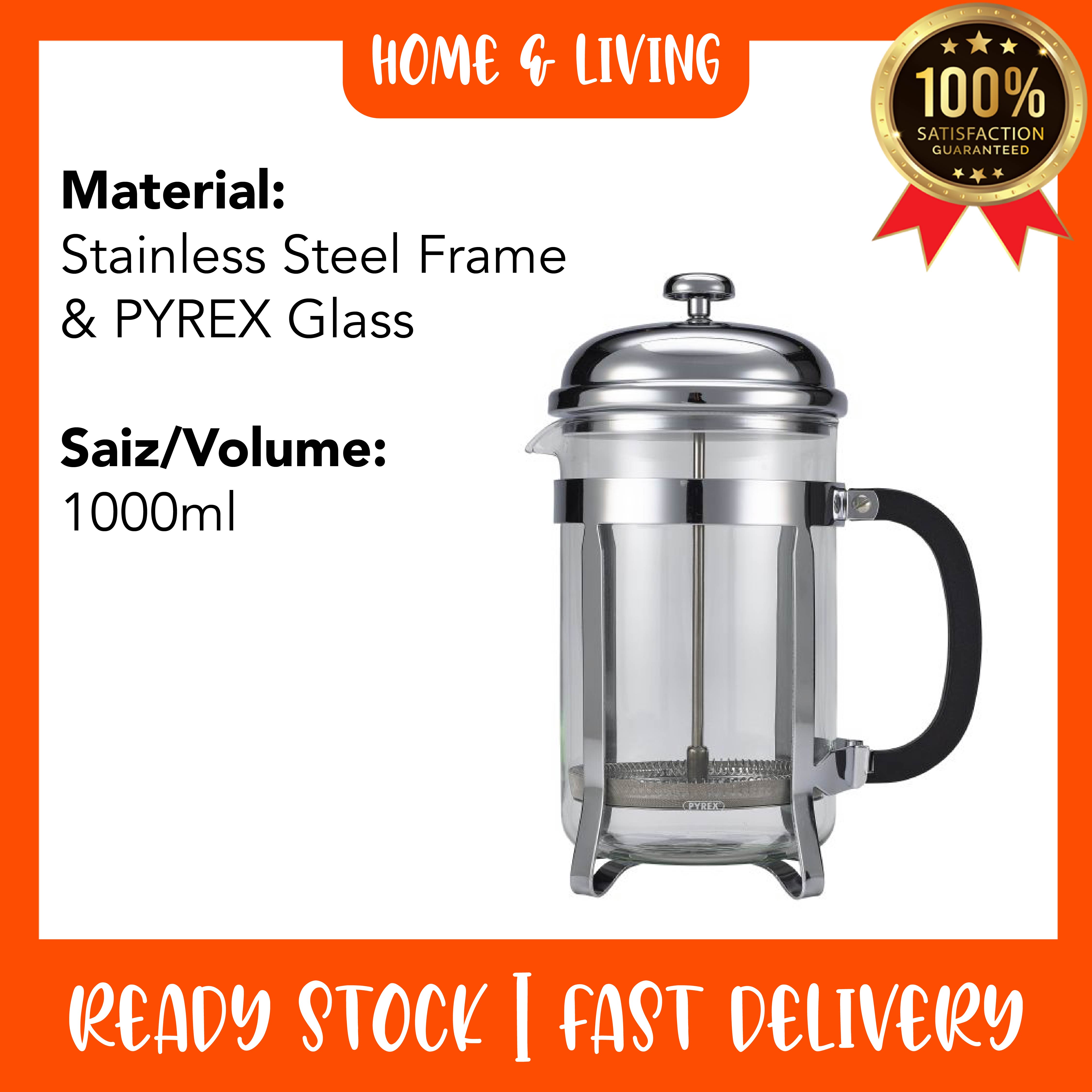 Pyrex Glass French Press Coffee Maker Portable Heat Resistant